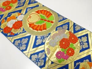 アンティーク　蝶に菊・枝梅・花菱模様織り出し袋帯（着用可）